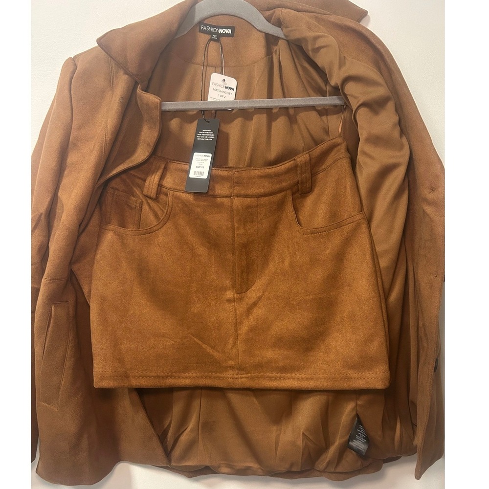 Set Faux Suede Jacket Skirt Set Brown Sz XS Fashion Nova - Picture 5 of 8